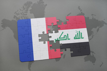 puzzle with the national flag of france and iraq on a world map background.