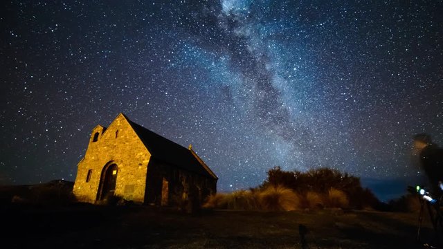 Beautiful Milky Way Galaxy Rising Above Church Of Good Shepherd, New Zealand. Timelapse 