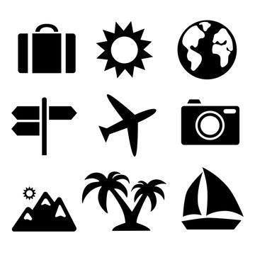 set black travel icon. suitcase, sun, earth, path pointer, plane
