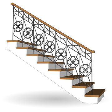 Sample traditional staircase with forged openwork railing. Ladder 3d icon side view isolated. Vector illustration on white background.