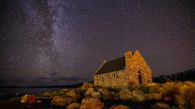 Beautiful Milky Way Galaxy Rising Above Church Of Good Shepherd, New Zealand. Timelapse Zoom Out