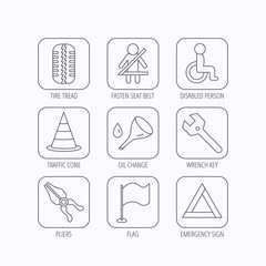 Tire tread, traffic cone and wrench key icons.