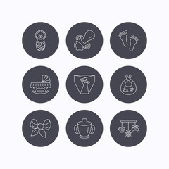 Pacifier, newborn and baby toys icons. Footprint.
