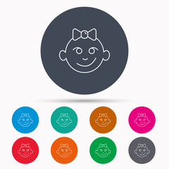Baby girl face icon. Child with smile sign.
