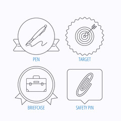 Briefcase, safety pin and target icons.