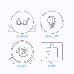 Puzzle, painting and air balloon icons.