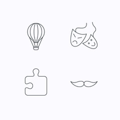 Puzzle, air balloon and theater masks icons.