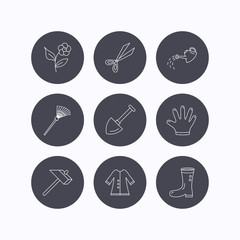 Scissors, hammer and gloves icons. Shovel signs.