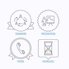 Teamwork, presentation and phone call icons.