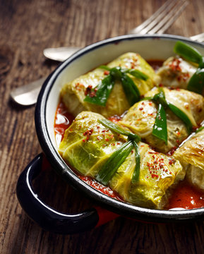 Cabbage rolls, stuffed cabbage stewed in tomato sauce