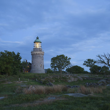 Denmark, Bornholm, Allinge, Hammeren Lighthouse at evening
