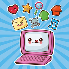 Technology and social media concept represented by kawaii laptop icon. Colorfull and flat illustration.