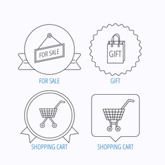 Shopping cart, gift bag and sale icons.