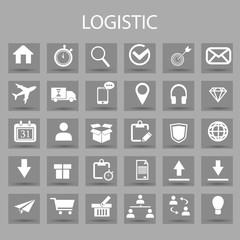 Vector flat icons set and graphic design elements. Illustration with Logistic, delivery business, distribution outline symbols.