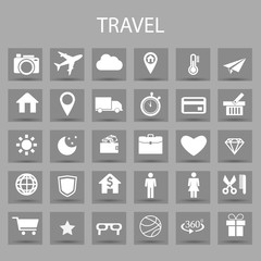 Vector flat icons set and graphic design elements. Illustration with travel, tourism outline symbols.