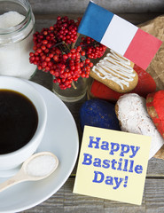 The National Celebration In France La fete nationale (Bastille Day) - text, Heart shaped cookies color red, blue, white. Cup of coffee (tea), france flag, decoration. Patriotic Breakfast Concept.