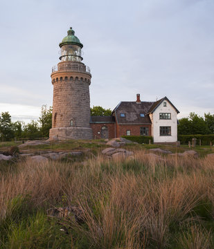Denmark, Bornholm, Allinge, Hammeren Lighthouse at evening