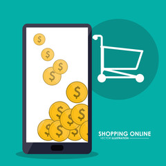 Shopping online concept represented by smartphone, coins and shopping cart icon. Colorfull and flat illustration.