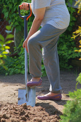 Gardener digging soil with shovel