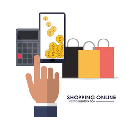 Shopping online concept represented by smartphone, coins, calculator and shopping bag icon. Colorfull and flat illustration.