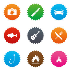 Camping travel icons. Fishing, tourist tent.