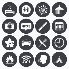 Hiking trip icons. Camping, shower and toilet.