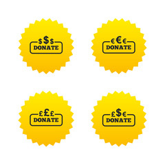 Donate money signs. Dollar, euro and pounds.
