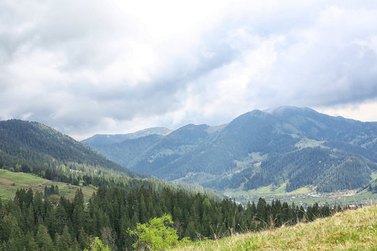 Fototapeta View of foggy mountains