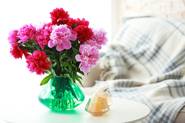 Beautiful peony bouquet in vintage interior