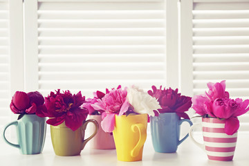 Beautiful peony flowers on white folding screen background