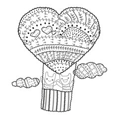 Adult coloring page Heart-shaped hot air balloon, two friends in the sky with clouds vector illustration for colouring book. Whimsical line art soft intricate pattern, black outline, white background