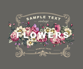 Vector floral label with a frame composed of detailed flowers