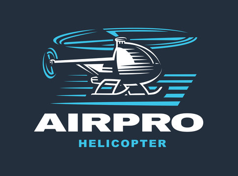 Flying helicopter, logo emblem, dark background