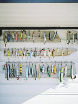 Variation of fishing tackle hanging on wall