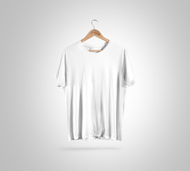 Blank white t-shirt front side view on hanger, design mockup, clipping path. Clear plain cotton tshirt mock up template. Apparel store logo branding display. Crew shirt surface hang on wood hanger