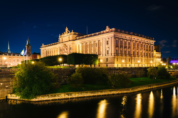 Fototapeta na wymiar Riksdagshuset, The Parliament House at night, in Galma Stan, Sto