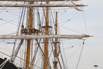 Obraz premium GAETA, ITALY – JUNE 25, 2016: The three masted Palinuro, a historic Italian Navy training barquentine, moored in the Gaeta port.