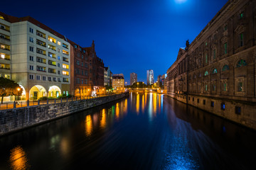 The River Spree at night, in Mitte, Berlin, Germany.