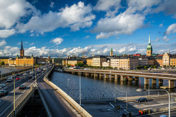 Fototapeta na wymiar View of Centralbron and Galma Stan from Slussen, in Södermalm,