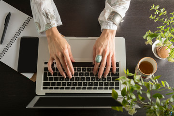 Woman hands write on the computer, view from above.