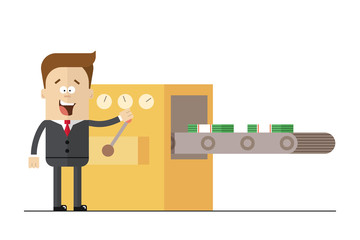 Businessman prints wads of money on the line . Isolated illustration white background . Flat picture.