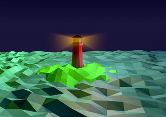 Lighthouse at night on the island in the sea in low-polygonal style