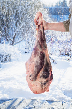 Finland, Pirkanmaa, Butcher holding raw venison meat
