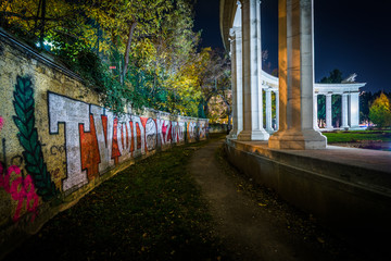 Graffiti at Hochstrahlbrunnen at night, in Vienna, Austria.