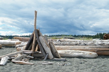 Driftwood Teepee on a Sandy beach with Clouds Blowing Away