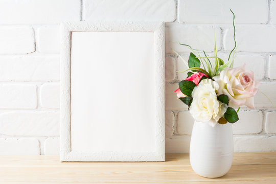 White frame mockup with tender pink roses bunch