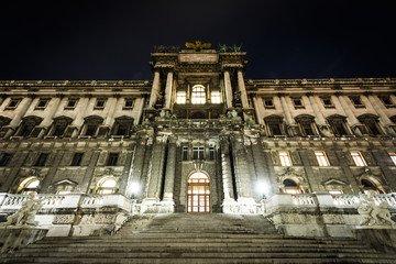 The Austrian National Library at night, in Vienna, Austria.