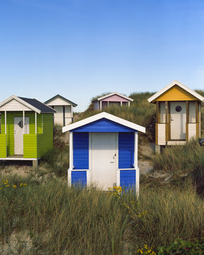 Sweden, Skane, Skanor Med Falsterbo, Huts On Grassy Beach