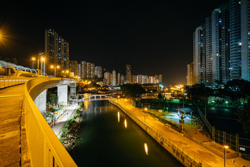 Fototapeta na wymiar View from the Ap Lei Chau Bridge at night, in Hong Kong, Hong Ko