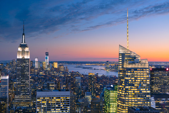 USA, New York State, New York, Manhattan, High angle view of city at dusk
